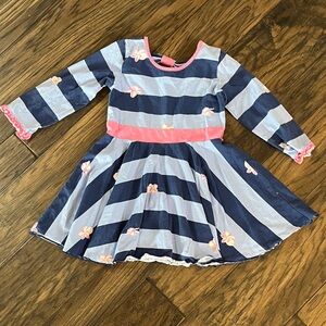 Navy and Pink Striped Dress with Floral Accents